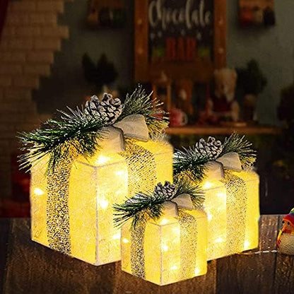 Hourleey Set of 3 Christmas Lighted Gift Boxes, Pre-lit 60 LED Light