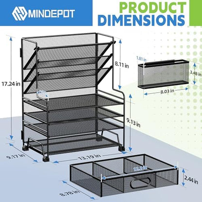 MINDEPOT 4-Tier Paper Organizer + 3-Pocket File Holder + Drawer + Pen