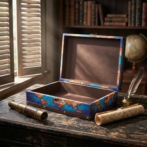 DreamsEden Decorative Wooden Storage Box with Vintage World Map Design