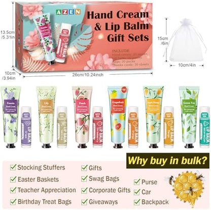 AZEN 30 Sets Bulk Gifts, Hand Cream and Lip Balm Bulk Set with Organza