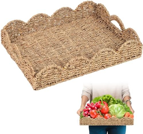 Scalloped Seagrass Tray, Hand-Woven Wicker Storage Baskets with