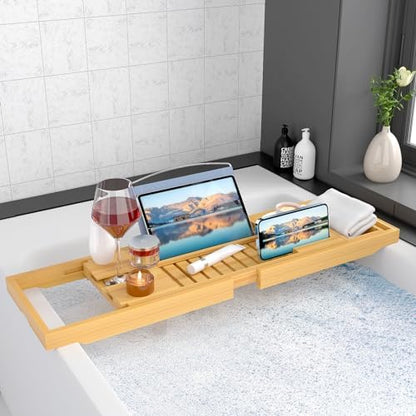 Sen Yi Bao Luxury Bamboo Bathtub Tray - Wooden Expandable Caddy with