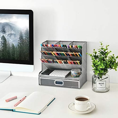 Marbrasse Larger Mesh Desk Organizer with Drawer, Multi-Functional Pen