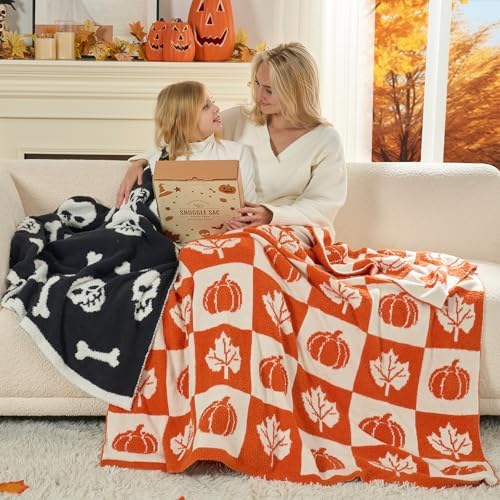 Snuggle Sac Fall Checkered Blanket Orange Pumpkin Maple Leaf Throw