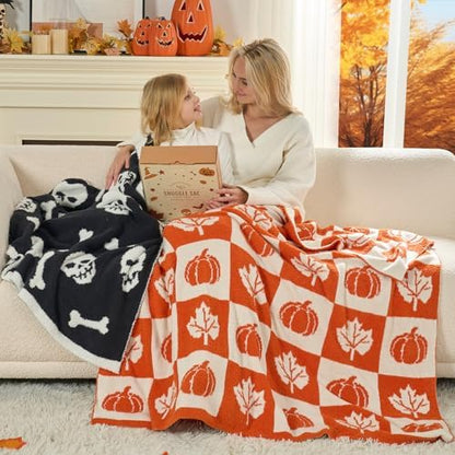 Snuggle Sac Fall Checkered Blanket Orange Pumpkin Maple Leaf Throw