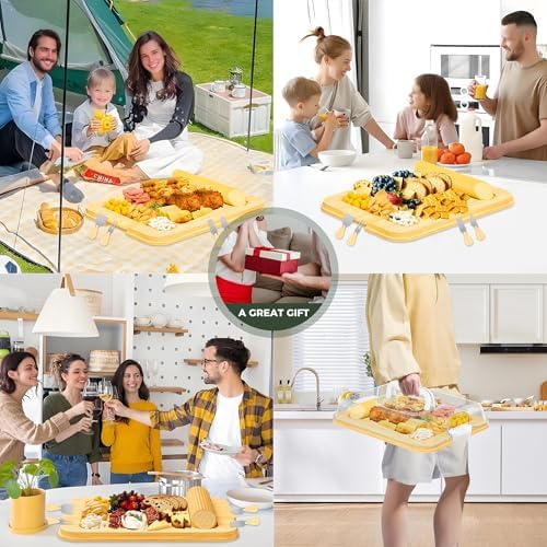 MinBoo Bamboo 2-in-1 Charcuterie Board with Lid,Travel Portable Bamboo