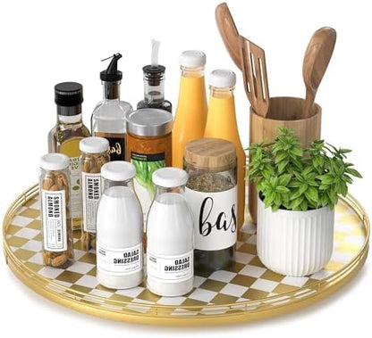Gold and White Checkerboard Lazy Susan with Rubberwood Base and Metal