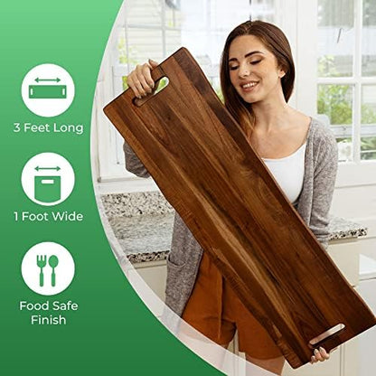 Large Acacia Serving Board with Handles, 36 x 12 Inch Rectangular