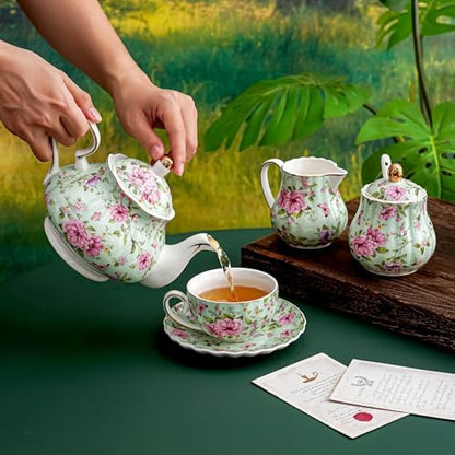 Agyiuns Tea Cup and Saucers, 6.4oz Floral Tea Cups with Gold Trim