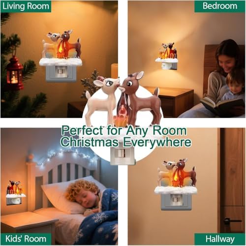 Reindeer Night Light with Flickering Flame – LED Faux Campfire Lamp