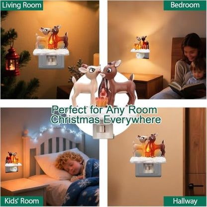 Reindeer Night Light with Flickering Flame – LED Faux Campfire Lamp