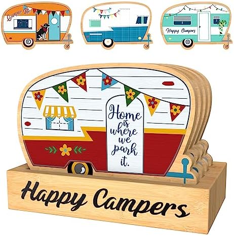 Wood Drink Coasters Set of 4, Happy Camper Cute Coasters with Holder