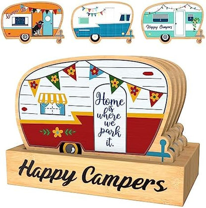 Wood Drink Coasters Set of 4, Happy Camper Cute Coasters with Holder