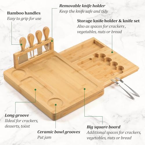 Bamboo Charcuterie Board Set with 4 Cheese Knives, Serving Platter