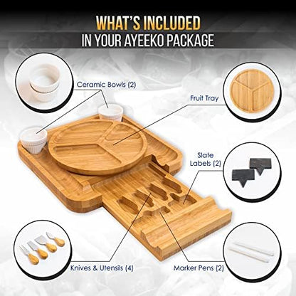Ayeeko Bamboo Cheese Boards - Charcuterie Meat Board with Slide-Out