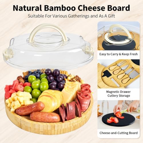 Charcuterie Board Set with Lid Round, Portable Bamboo Cheese Board