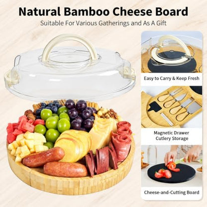Charcuterie Board Set with Lid Round, Portable Bamboo Cheese Board