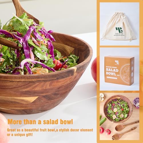 Wooden Salad Bowls with Serving Utensils, Large 12.5" Acacia Wooden