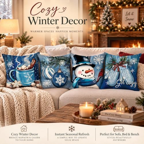 Winter Christmas Pillow Covers Set of 4 16x16 Inch Blue Snowman