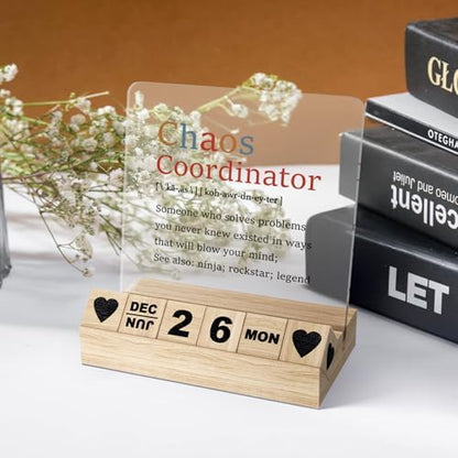 Chaos Coordinator Desk Decor Gifts, Wooden Block Perpetual Calendar