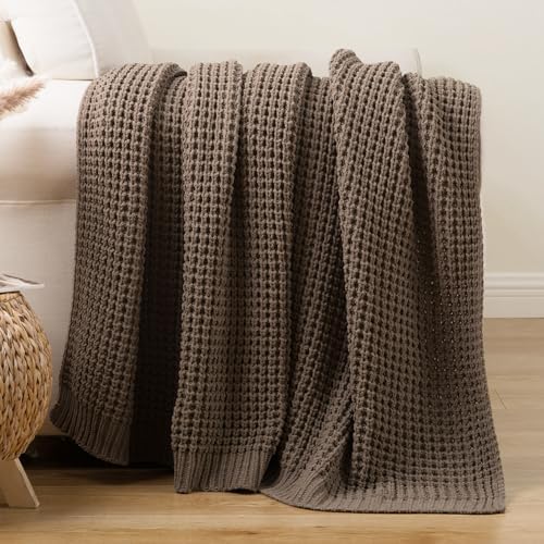 Knitted Waffle Throw Blanket, Camel Tan Throw Blanket for Couch