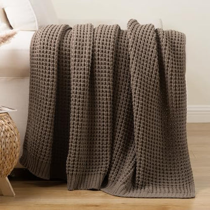 Knitted Waffle Throw Blanket, Camel Tan Throw Blanket for Couch