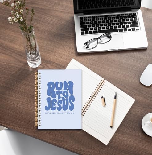 Blue Christian Spiral Notebook, Run to Jesus Bible Verse Journal