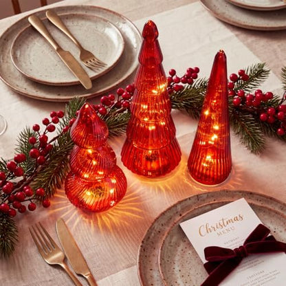 Leitee 3 Pcs Glass Christmas Tree Set with Lights, Burgundy
