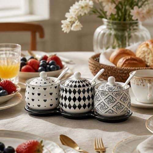 Salt and Sugar Container Set,3 Piece Black Ceramic Spice Canisters for