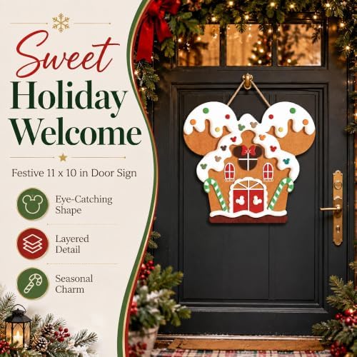 Gingerbread House Shaped Door Sign, Festive Mouse Ears Holiday Wall