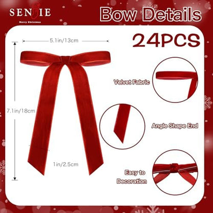 24Pcs Velvet Bows for Christmas Tree, Christmas Bows Ornaments