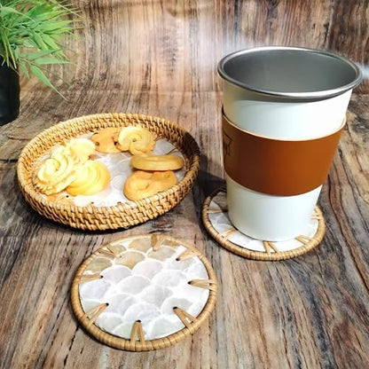 6" Mini Lazy Susan Turntable with 2 Rattan Coasters – Mother of Pearl