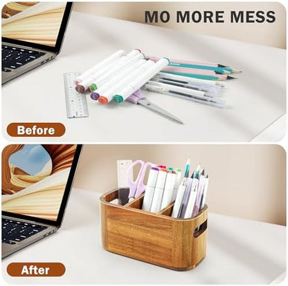 Acacia Pencil Pen Holder for Desk, Wooden Office Organizer with 3