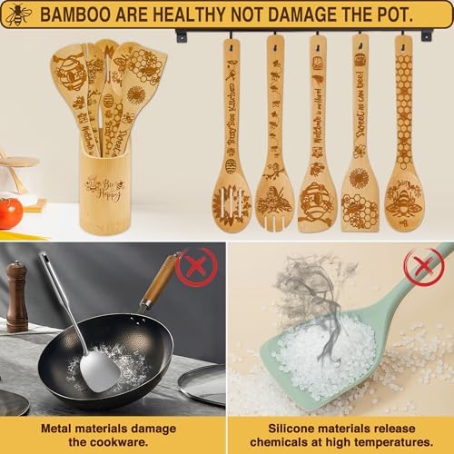 6 PCS Bee Wooden Cooking Bamboo Spoons Set,Bumble Bee Kitchen Utensil