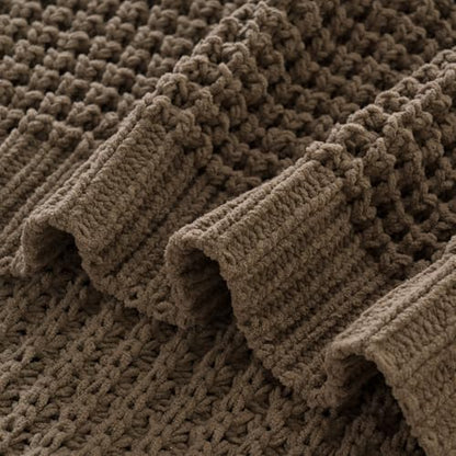 Knitted Waffle Throw Blanket, Camel Tan Throw Blanket for Couch