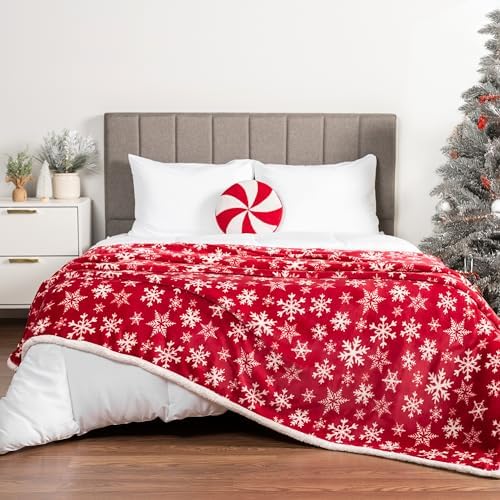 PAVILIA Red Snowflake Christmas Sherpa Throw Blanket, Ultra Soft