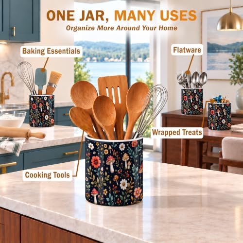 Navy Woodland Mushrooms Ceramic Kitchen Utensil Holder 6.3"