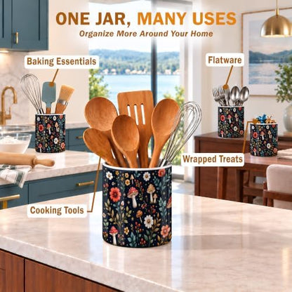 Navy Woodland Mushrooms Ceramic Kitchen Utensil Holder 6.3"