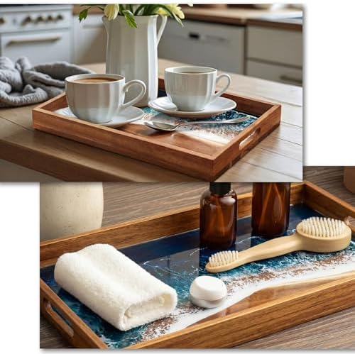 Novabright Rectangular Acacia Wood Serving Tray with Ocean Resin Art