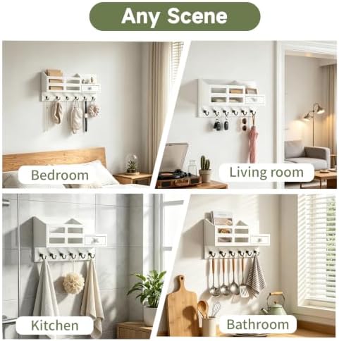 White Key and Mail Holder for Wall with 6 Hooks and Storage Drawer