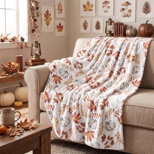 Horaldaily Fall White Pumpkin Orange Leaves Flannel Throw Blanket