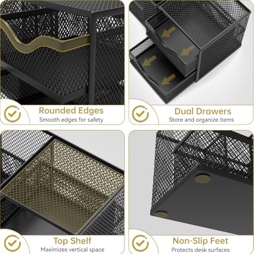 Mesh Desk Organizer with 2 Drawers and 5 Compartments, Pen Holder for