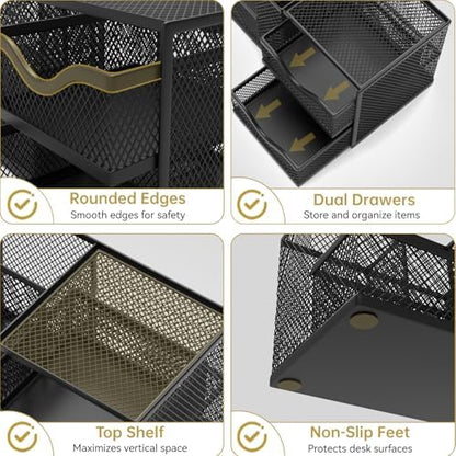 Mesh Desk Organizer with 2 Drawers and 5 Compartments, Pen Holder for