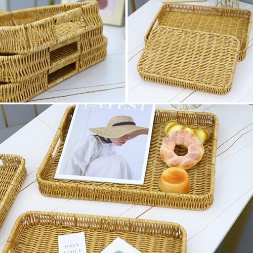 2 Pack Rectangle Rattan Serving Trays with Handles, Decorative Woven