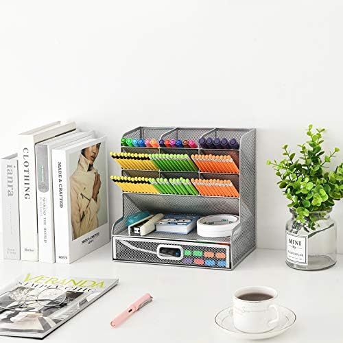 Marbrasse Larger Mesh Desk Organizer with Drawer, Multi-Functional Pen