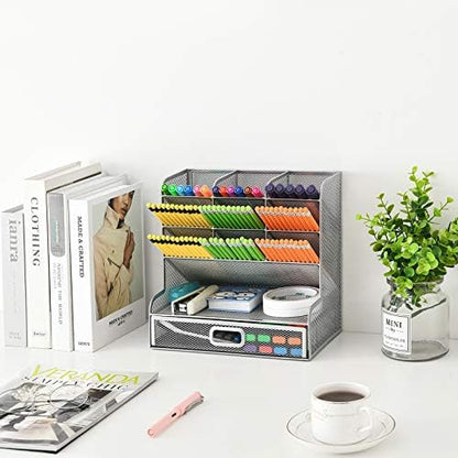 Marbrasse Larger Mesh Desk Organizer with Drawer, Multi-Functional Pen