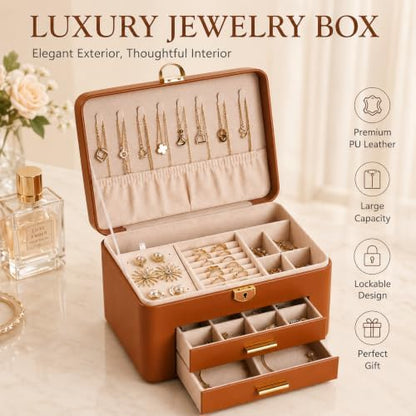 Large Jewelry Box for Women, 3-Layer Organizer with 2 Drawers