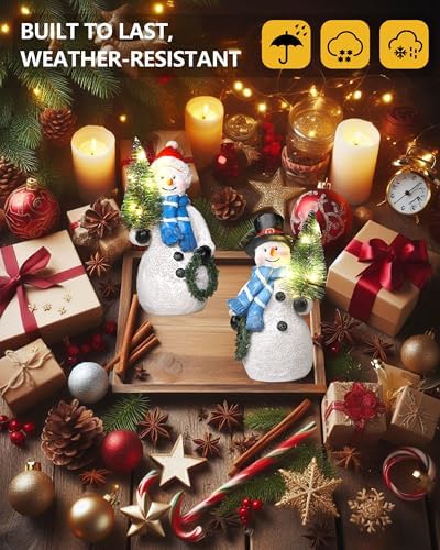 GoGnome Duo 5'' Resin Snowman Figurines with Lighted Christmas Tree