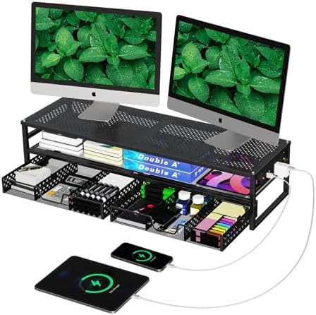 Simple Trending 2-Tier Metal Dual Monitor Stand with USB & 2 Drawers
