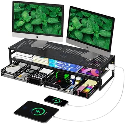 Simple Trending 2-Tier Metal Dual Monitor Stand with USB & 2 Drawers